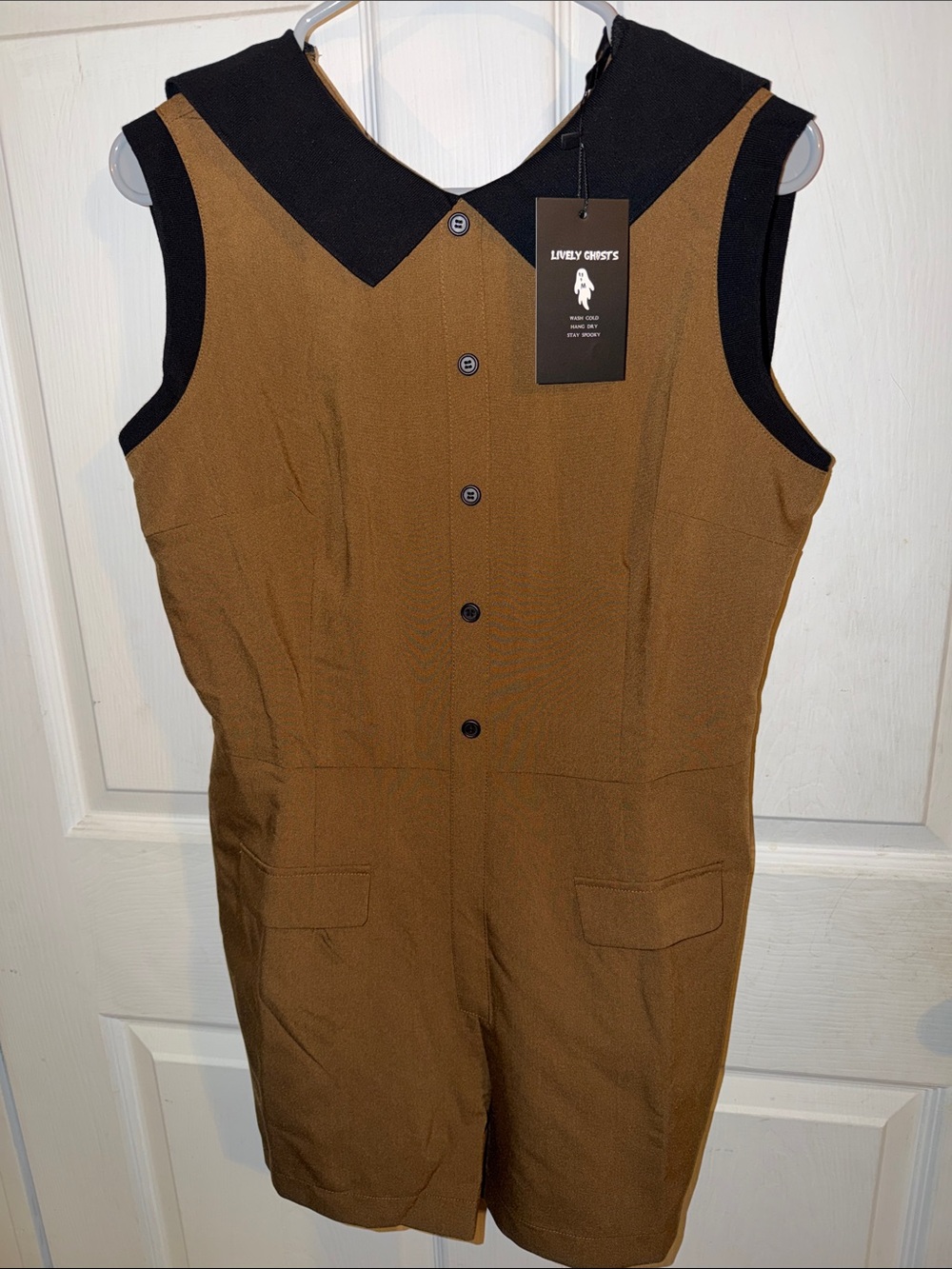 Lively Ghosts Brown Sleeveless Romper with Black Collar